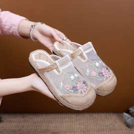 新款包头拖鞋女夏绣花民族风布鞋平底一脚蹬亚麻凉网拖鞋室內外穿