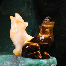 外贸半宝石雕刻动物创意摆饰玉石装饰品虎眼石东陵玉狼摆件