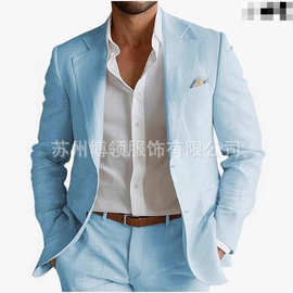 新款亚马逊速卖通外贸亚麻商务休闲西服男士套装婚礼服晚宴会
