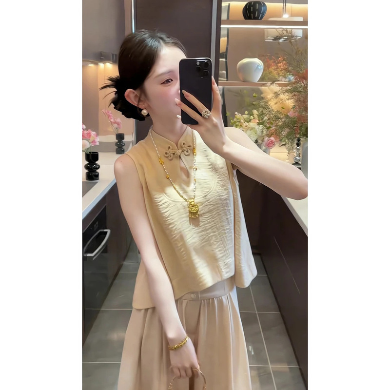 高級軽い高級婦人服スーツ女性の夏の新しい中国風スタンドカラーノースリーブトップワイドレッグパンツとスカートの2点セット|undefined