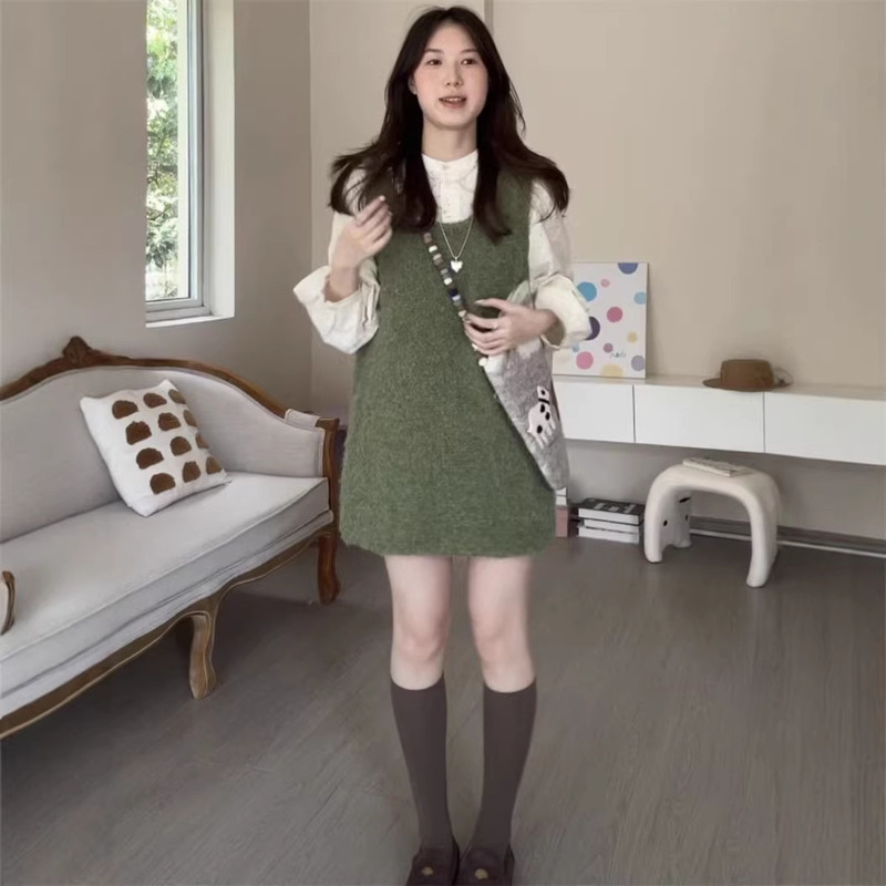 Spring New Korean Style Loose and Lazy Mid-Length Knitted Sweater Vest Dress for Women Sleeveless Sweater Dress