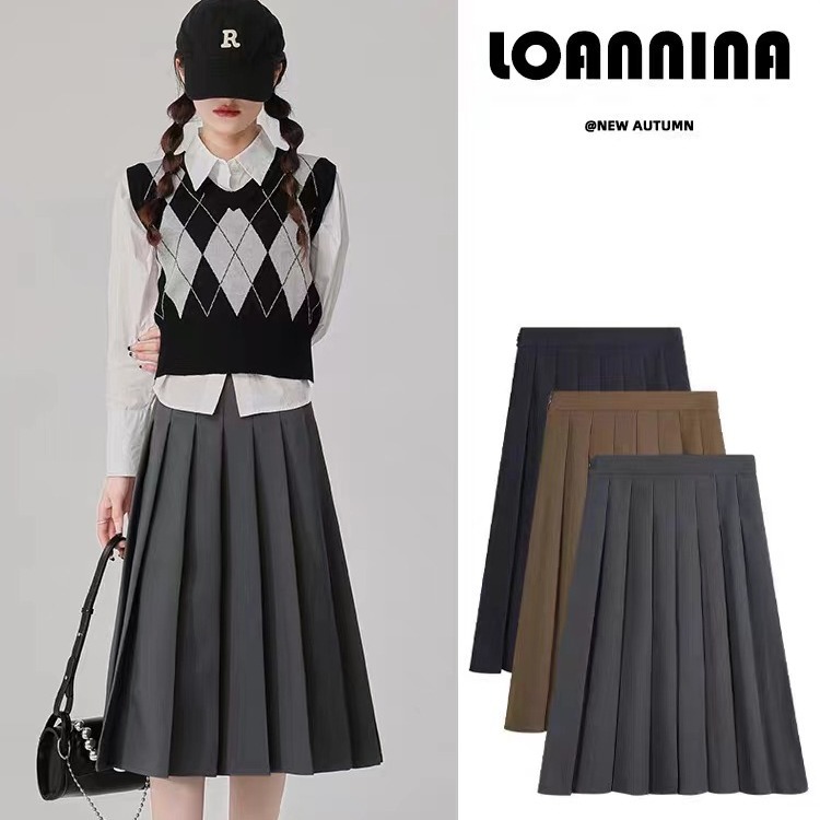2025 Spring New Skirt Pleated Easiest for Match Casual Slim Mid-Length Retro Straight-Leg Skirt Solid Color Gray
