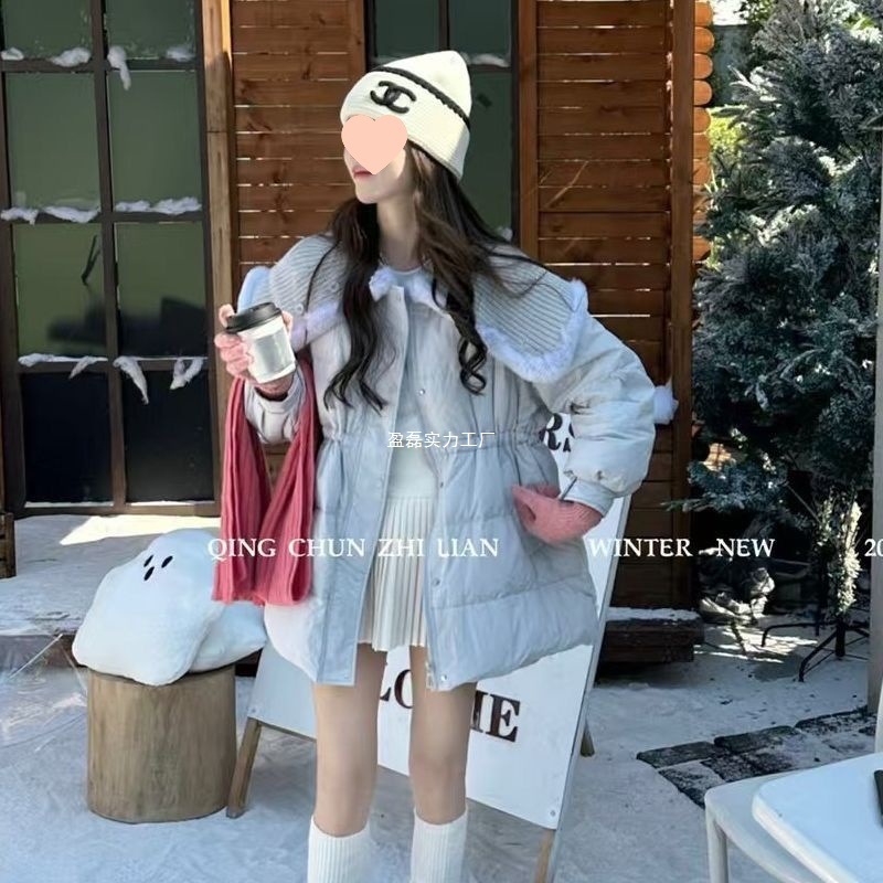 冬季甜美学院风针织大翻领兔毛羽绒服女中长款收腰显瘦羽绒棉外套