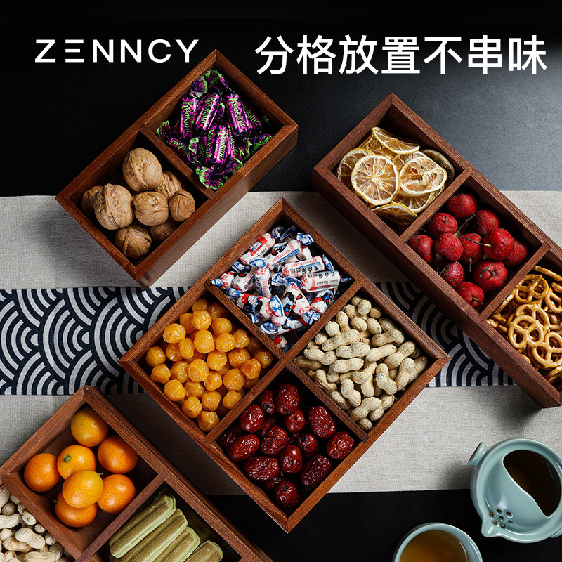 四宮格木製品ドライフルーツプレート中華風プレートフルーツプレート陶器製焚き火台付き茶托セット中華風新潮|undefined