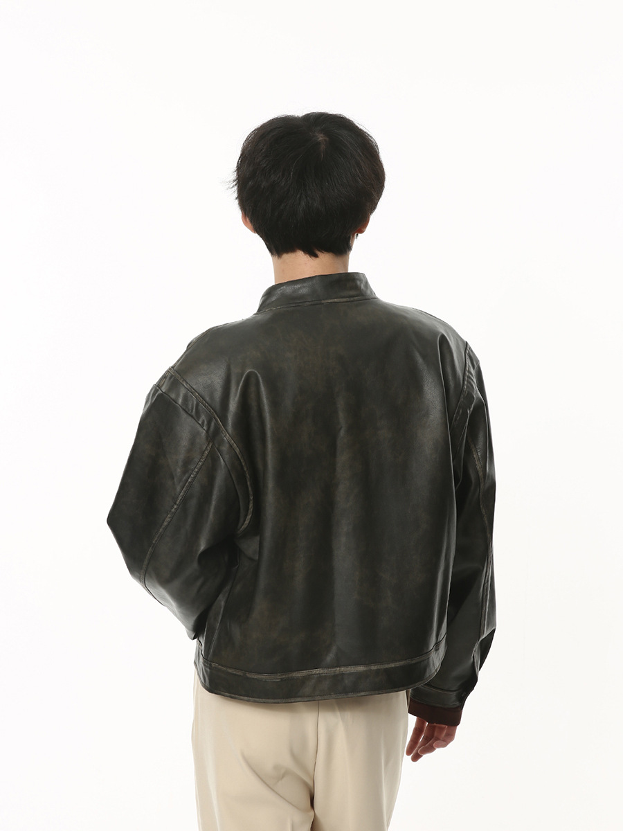 MTLCLOTHES Hombres| 2023 otoño vintage locomotora chaqueta de cuero negro abrigo corto suelto pu piel de moda