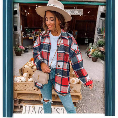Ins-style autumn street style European and American long-sleeved collar loose women's grid shirt coat