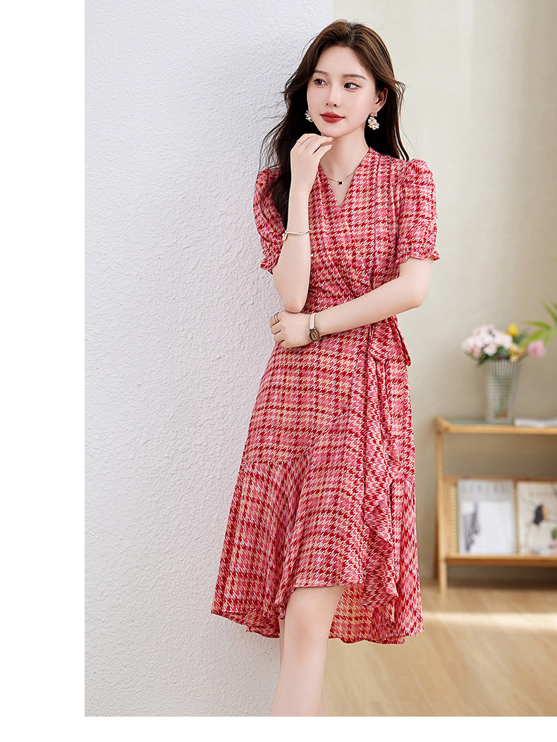 Váy maxi nữ cổ chữ V thắt eo họa tiết hoa nhí mùa hè — Màu xanh lá, Màu đỏ chi tiết 8