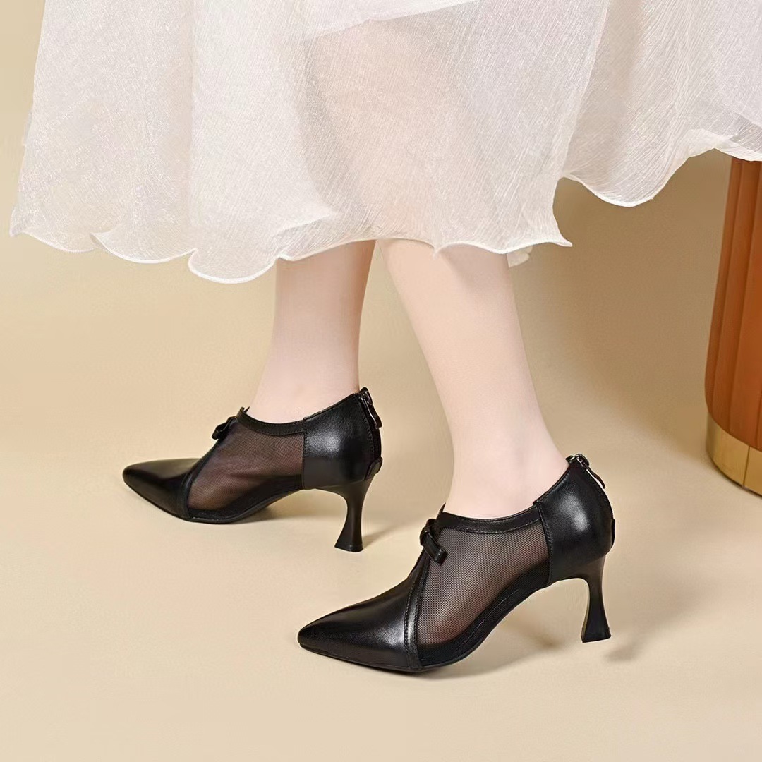 Giày cao gót nữ mũi nhọn lưới da thật gót vừa thoáng khí — đen chi tiết 6