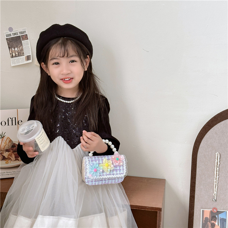 Bolso de La Perla de los niños bolsa 2023 nuevo algodón y lino pequeño bolso cuadrado de moda lindo flor niñas bolsa de mensajero decorativa