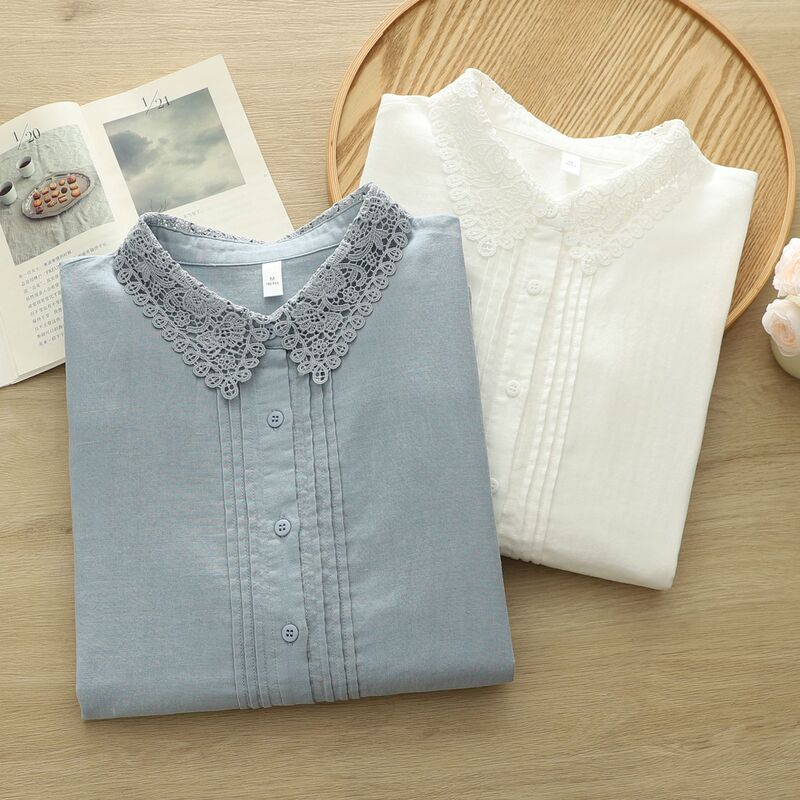 Factory Direct Sales of New Style Spliced Lace Collar Pure Cotton Women's Long-Sleeved Shirt, Artistic and Fresh Double-Layer Gauze Women's Shirt Factory Direct Sales of New Style Spliced Lace Collar Pure Cotton Women's Long-Sleeved Shirt, Artistic and Fresh Double-Layer Gauze Women's Shirt