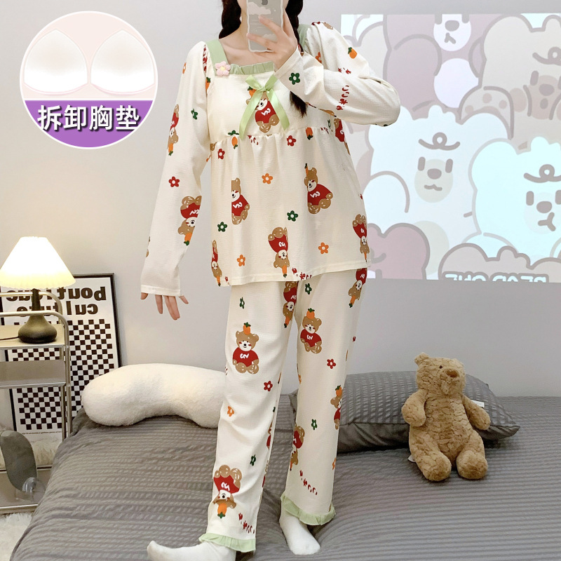 Primavera y otoño nuevo pijamas de las mujeres tejido crepe cuello cuadrado pullover pantalones manga larga con almohadilla en el pecho dulce desgaste del hogar traje