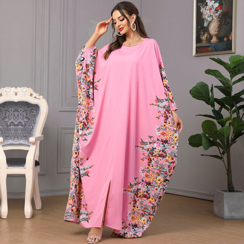 Trendy Printed Batwing Sleeve Long-Sleeve Dress Robe Cross-Border Wholesale Fashion Foreign Trade Women's Long Dress Dropshipping