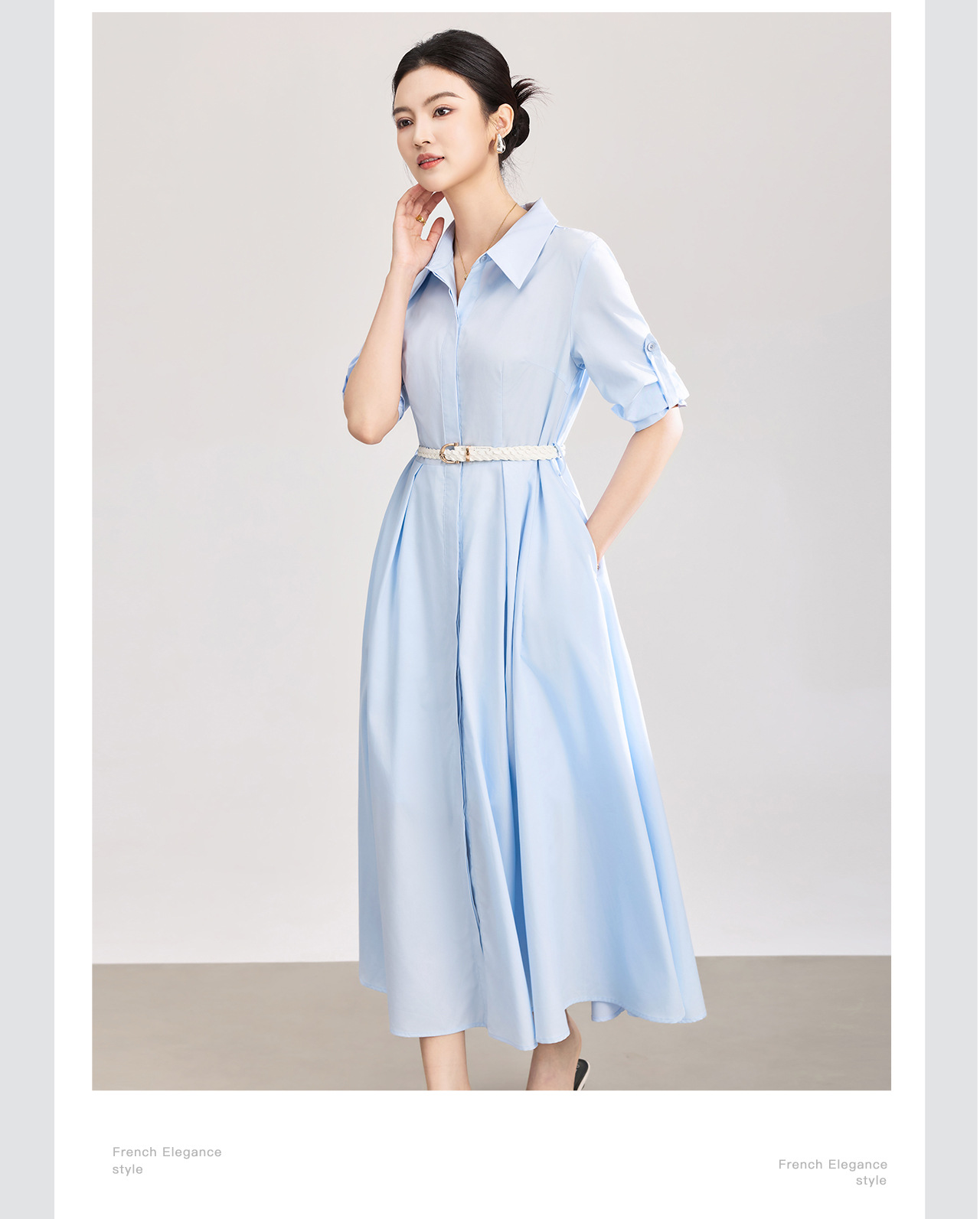 Đầm sơ mi nữ tay dài cổ ve, chất liệu tơ tằm pha cotton, dáng suông thoải mái — xanh lam chi tiết 8