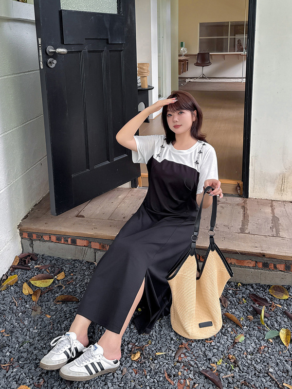 Shuangtian 25 年夏の新しい大きいサイズの女性の大きいサイズのドレス夏のコントラストカラー偽ツーピースラウンドネックドレス 9028|undefined