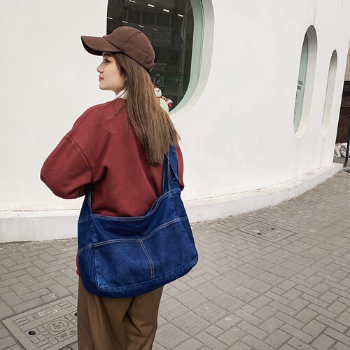 Lazy style denim canvas bag women's shoulder bag Korean style retro college casual shopping bag large capacity class backpack