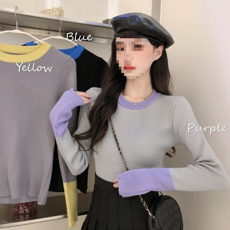 袖子撞色毛衣女设计感独特别致套手指2023打底衫秋冬加厚针织上衣