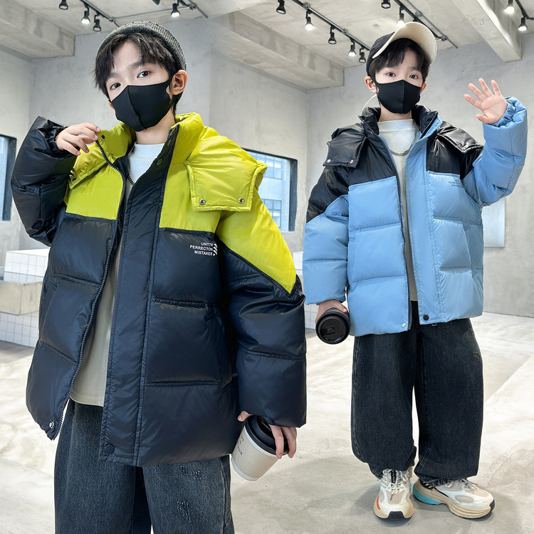 Boys' Hooded Fleece-Lined Jacket, Autumn/Winter 2025 New Style, Thickened Warm Cotton-padded Jacket, Color Block Two-Piece Cotton-padded Coat