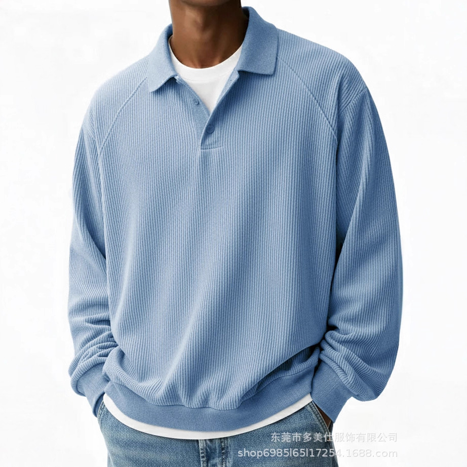 2025跨境新款秋季男装新款欧美街头男士华夫格POLO衫纯色长袖衬衫