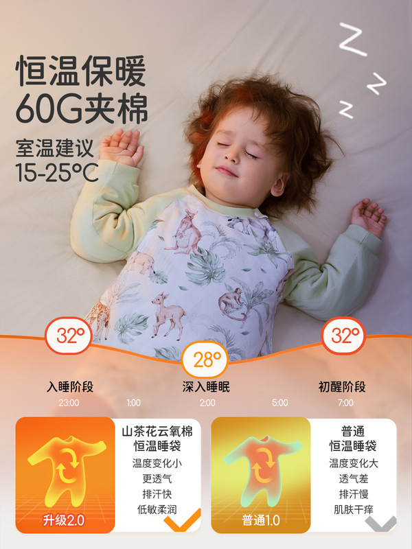 【山茶恒温】婧麒婴儿睡袋秋冬款恒温儿童夹棉防踢被宝宝分腿睡袋|undefined