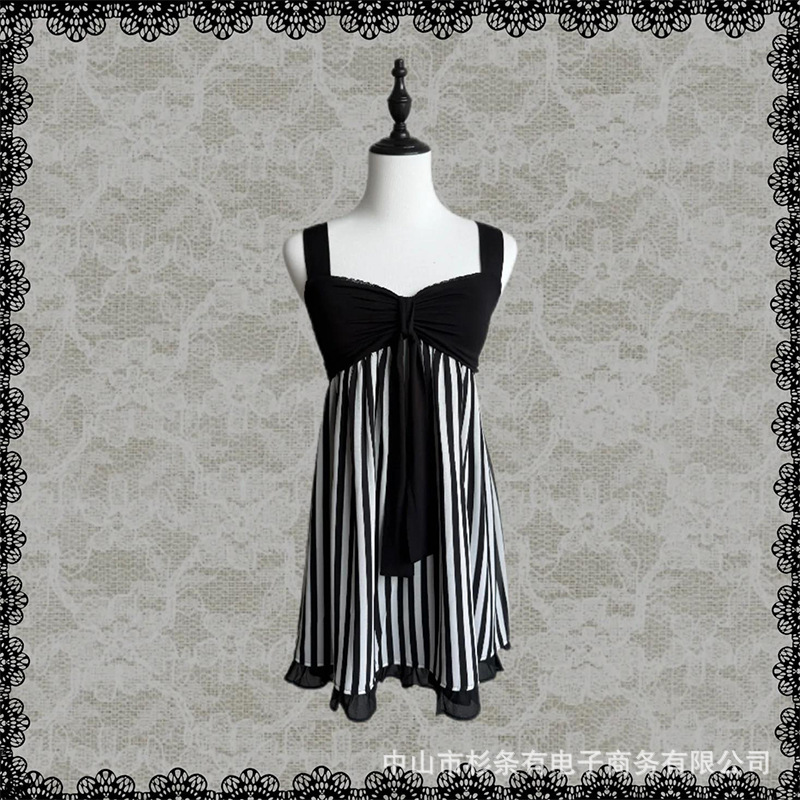 Y2K Summer Sweet Bow Tie Waist Loose Casual Contrast Color Striped Strap A-line Short Dress Y2K Summer Sweet Bow Tie Waist Loose Casual Contrast Color Striped Strap A-line Short Dress
