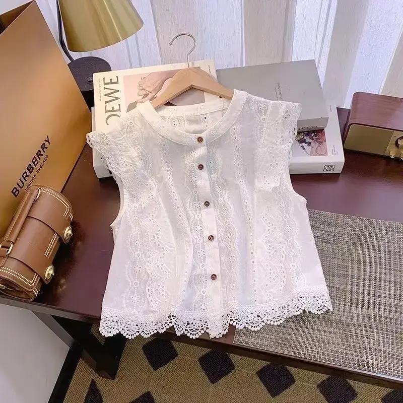 White Chinese-Style Shirt for Women, 2026 Summer New Model, Elegant Sleeveless Lace Hollow-Out Short Top with a High-End Feel