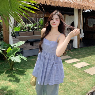 Fat Qiqi plus size Camisole Plaid Vest Summer All-match Slimming Top Retro Pocket Loose Sleeveless Top