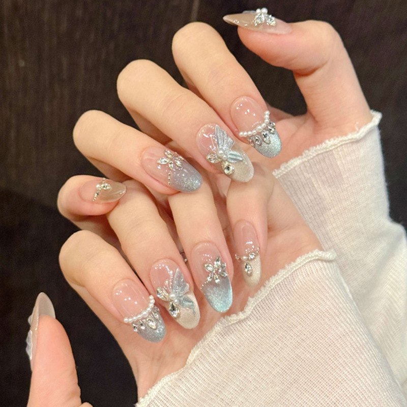Cat's Eye Mint Milk Blue Gradient Sparkling Butterfly Pearl French Fashion European and American Style Removable Wearable Nails 30 Pieces Cat's Eye Mint Milk Blue Gradient Sparkling Butterfly Pearl French Fashion European and American Style Removable Wearable Nails 30 Pieces