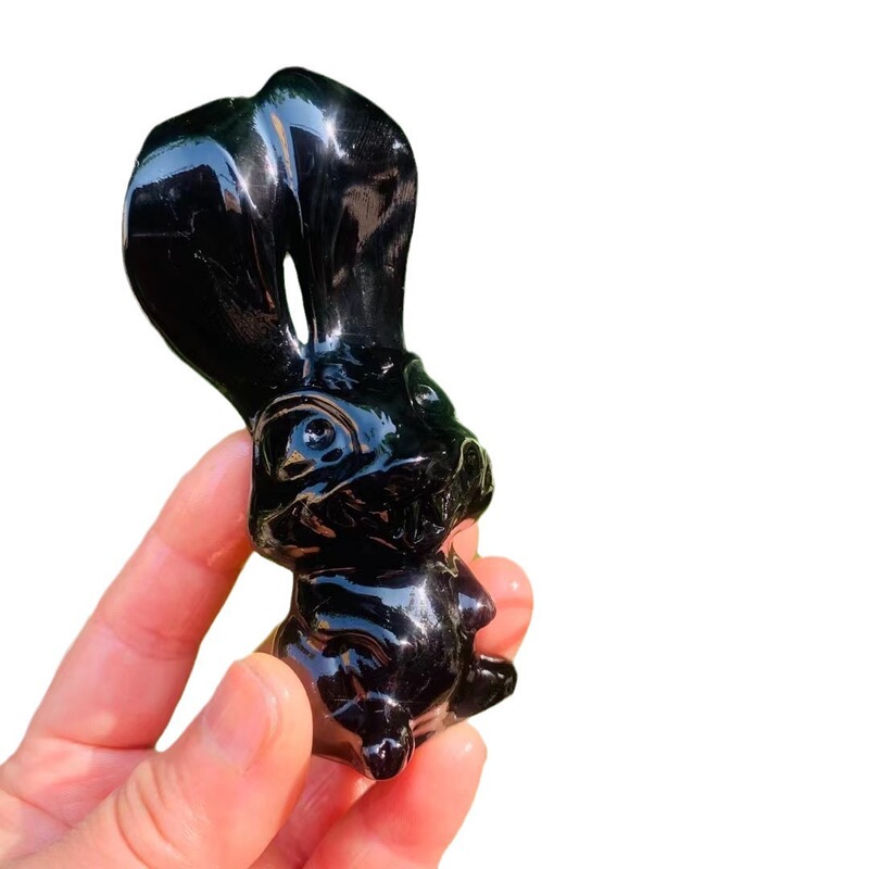天然水晶黑曜石雕刻件长耳兔水晶小摆件 图 4