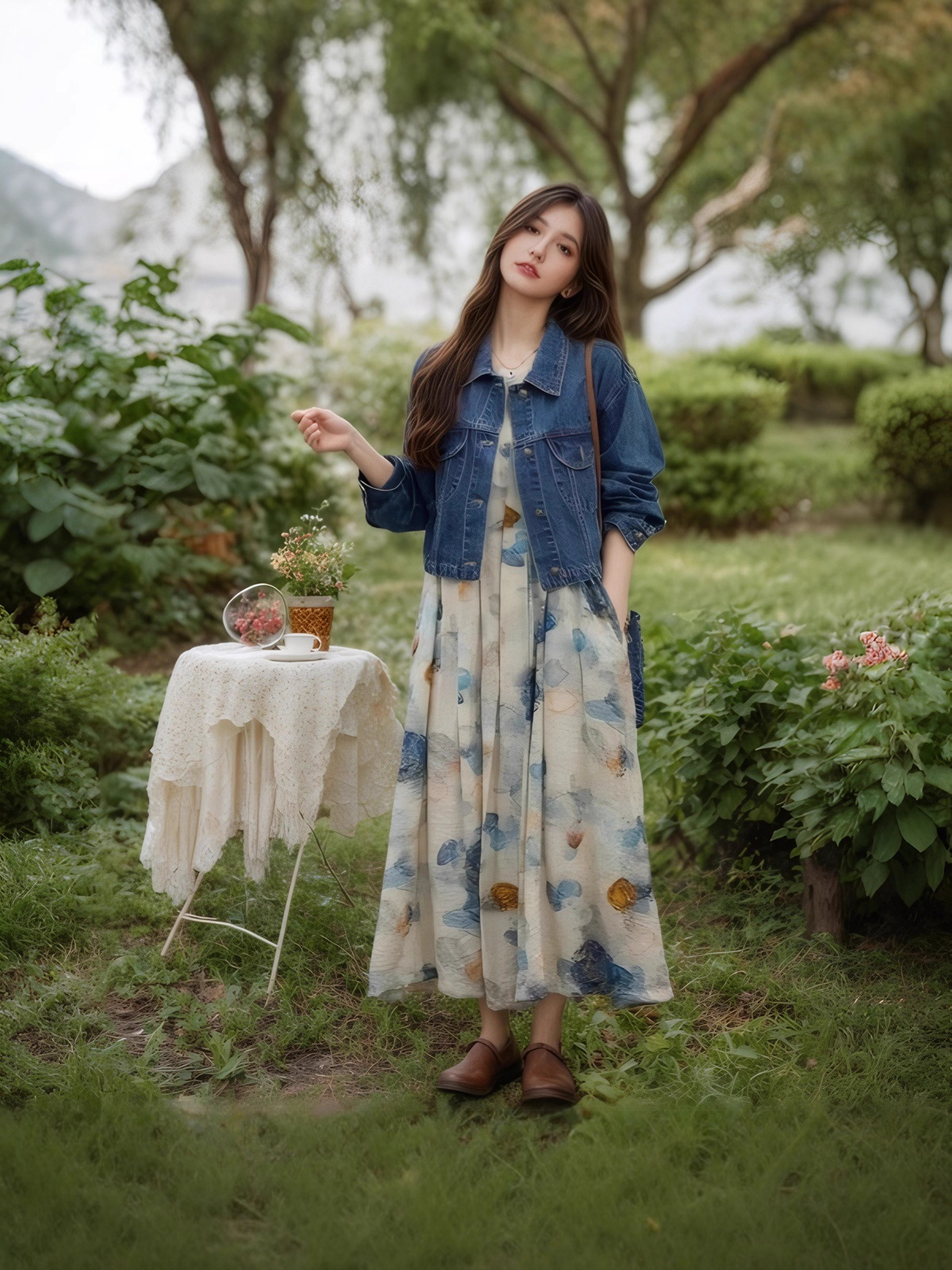Bộ đồ hai mảnh áo khoác denim và váy hoa mùa hè — áo khoác denim