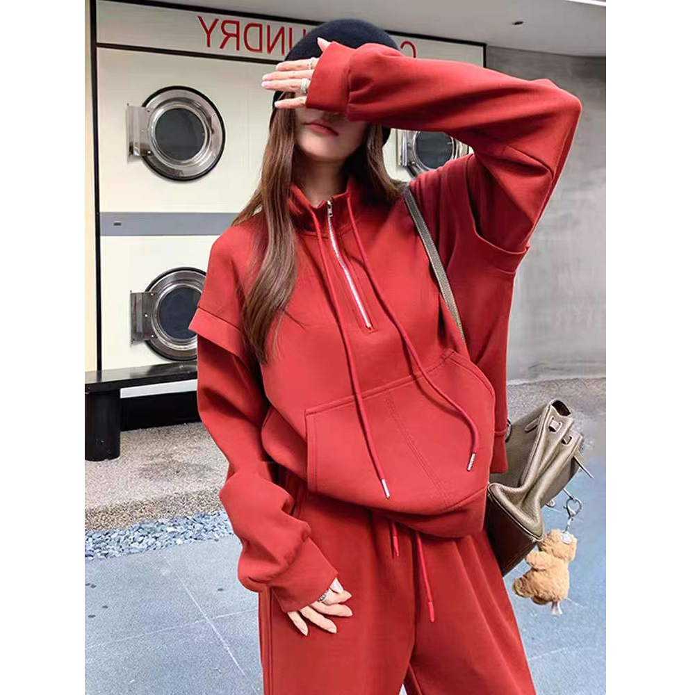 ng2510292 Pure Cotton Red Salt Sweet Style Age-Reducing Slimming Sweatshirt Sports For Women Spring And Autumn Casual Long Pants_ecoleips.com