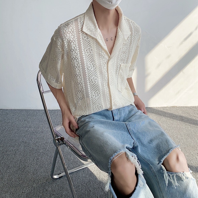 Summer Hollow-Out Lace Artistic Shirt for Men and Women, Niche Design, Light Luxury, Breathable, Thin Style, Vacation Casual Shirt Summer Hollow-Out Lace Artistic Shirt for Men and Women, Niche Design, Light Luxury, Breathable, Thin Style, Vacation Casual Shirt