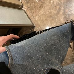 大王满天星烫钻闪闪镶钻高腰牛仔裤女春季新款宽松休闲洗水直筒裤