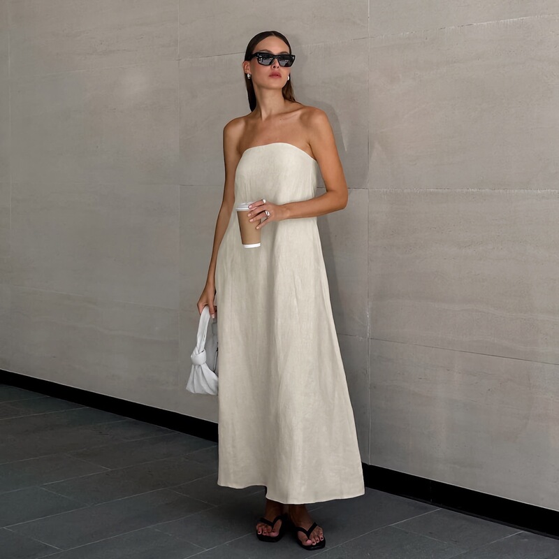 Summer New Style French Early Summer Style Sleeveless High-Waisted Tube Top Cotton and Linen Long Cotton and Linen Dress with a Unique European and American Cross-Border Design