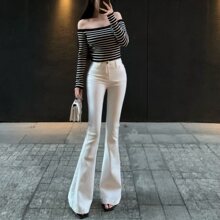 白色百搭马蹄辣妹牛仔裤女生春季新款高腰修身显瘦喇叭裤拖地裤子