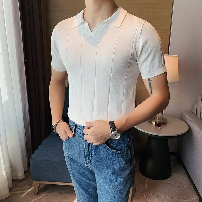 Summer New Short-Sleeved Knitwear T-Shirt Men's Business Handsome Versatile High-End Polo Shirt V Neck Export Cross-Border Wholesale