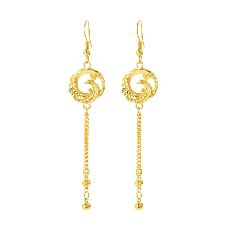 Arena oro gotas para los oídos de las mujeres Phoenix tallado borla pendientes no se desvanece temperamento estilo nacional Phoenix largo retro joyería