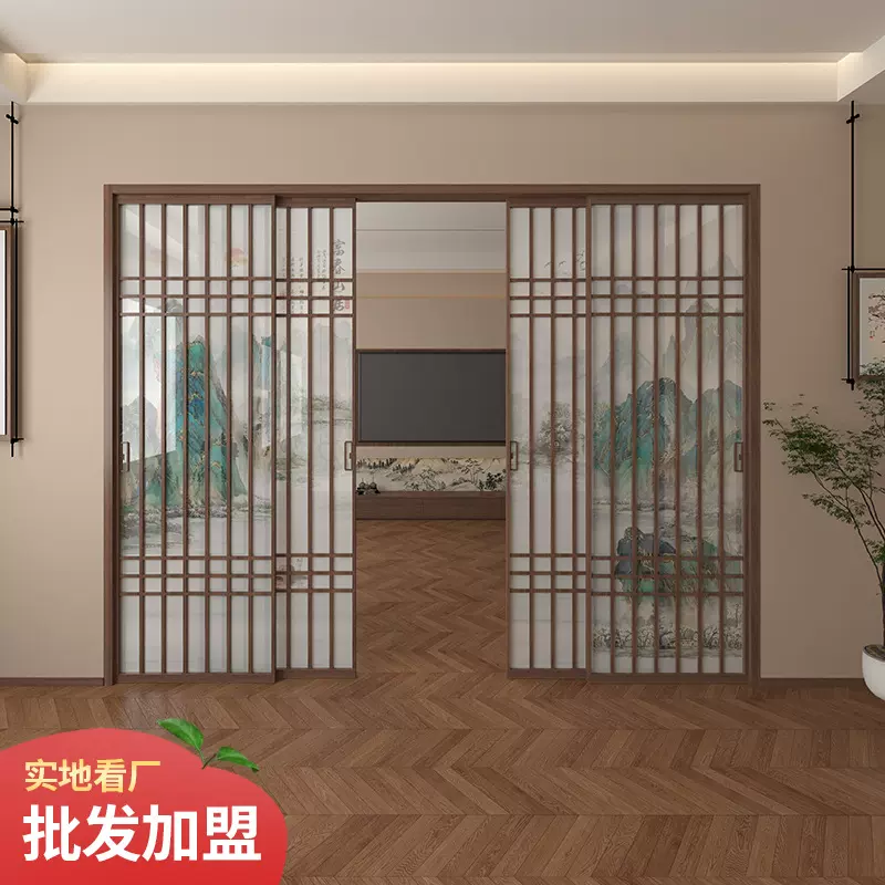 跨境专供宋氏胡桃木三联动推拉门厨房客厅阳台隔断门吊轨移门定制