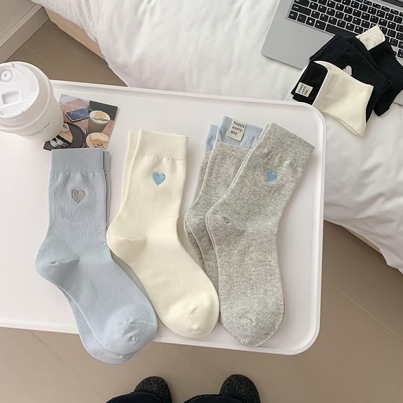 襪子女棉襪春秋中筒襪愛心刺繡堆堆襪雙羅口拼接長襪防臭無骨棉襪