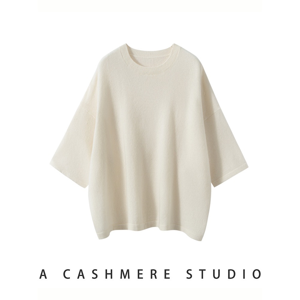 Autumn and Winter New Cashmere Knitted Bottoming Shirt, Fashionable Women's Versatile Round Neck Pure Color Three-Quarter Sleeve Pullover, Skin-Friendly