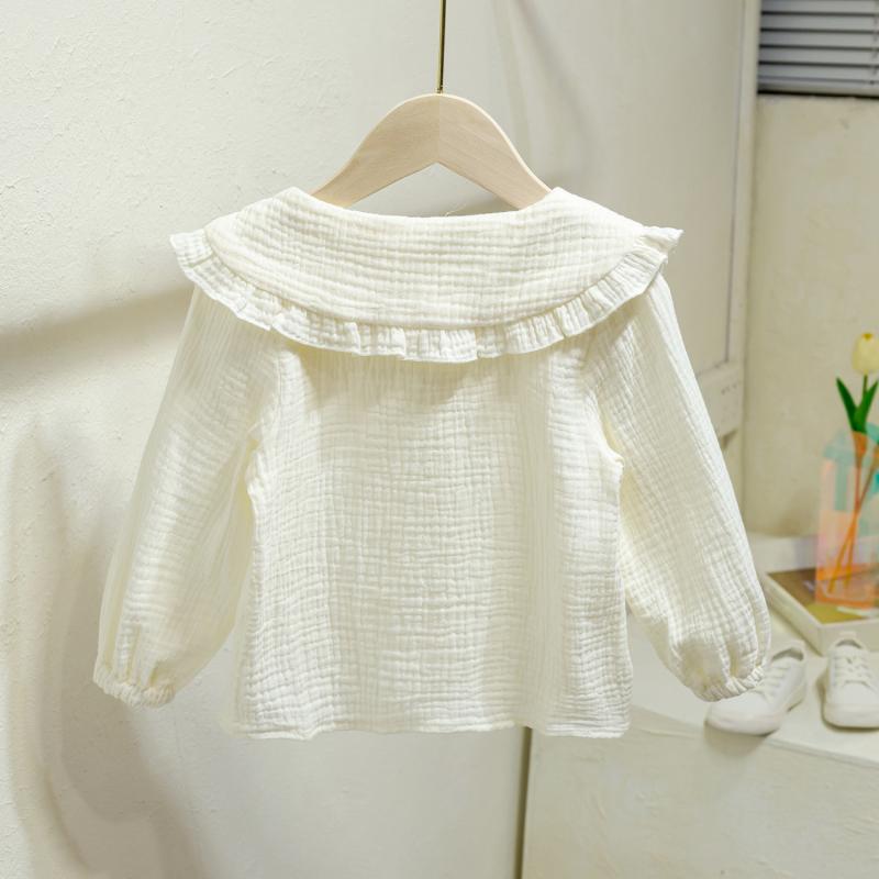 Camisa para niñas 2022 Primavera y otoño Nuevo estilo coreano solapa cuello redondo color sólido bordado color sólido estilo occidental manga larga camisa para niños