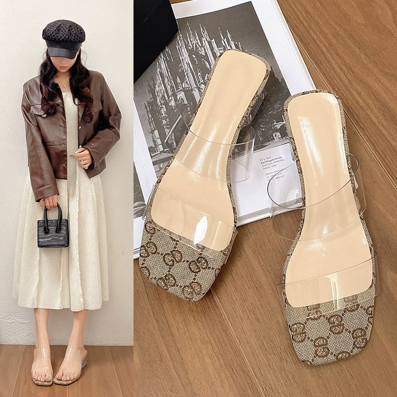 Прозрачные сандалии женские на толстом каблуке 2024 летние уличные сандалии на высоком каблуке хрустальный каблук сексуальные тапочки с принтом в одну линию