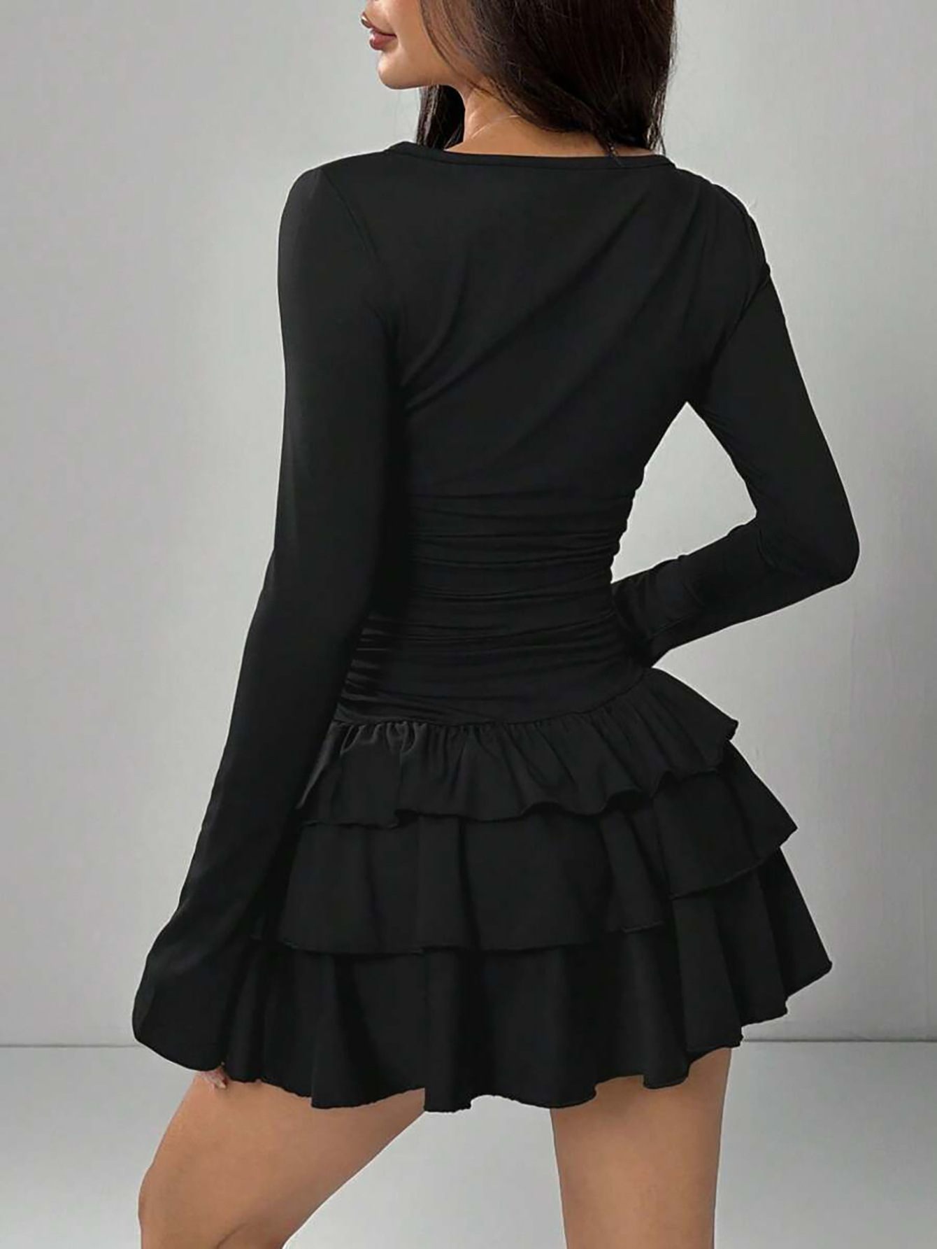 Women's Solid Color Slim Fit Ruffled Panel Long Sleeve Bodycon Mini Dress – Elegant Casual Gown_ecoleips.com