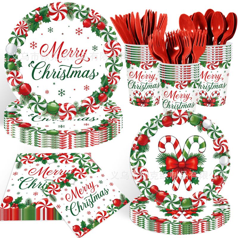 Candy Bow Christmas Tableware Disposable Paper Cups Paper Plates Paper Napkins Set Children's Christmas Party Dinner Plates Candy Bow Christmas Tableware Disposable Paper Cups Paper Plates Paper Napkins Set Children's Christmas Party Dinner Plates
