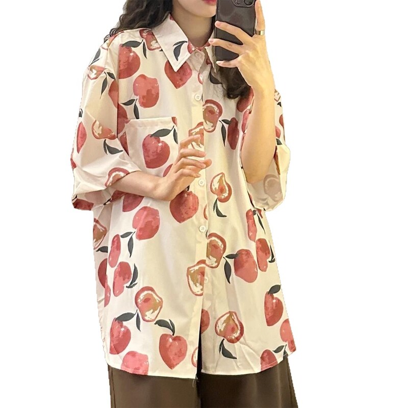 オーバーサイズ日本ハワイピーチフルプリント半袖シャツメンズ夏香港スタイルカップル半袖花柄シャツ|undefined
