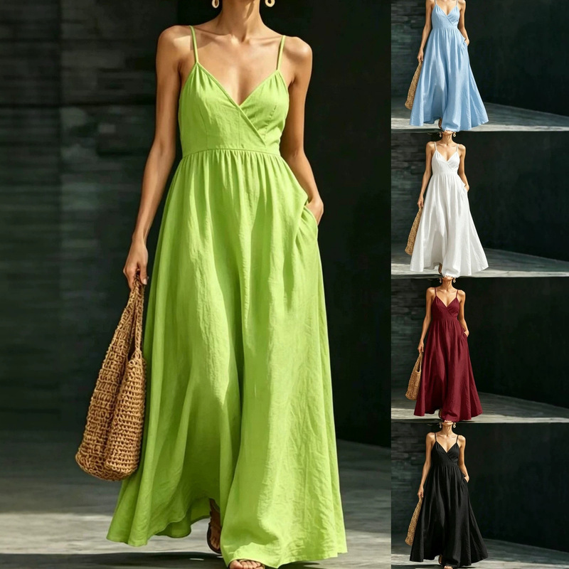 Cross-Border European and American Dresses 2026 Summer Foreign Trade Women's Clothing V-Neck Strap Dress with Pockets Elegant Dress Cross-Border European and American Dresses 2026 Summer Foreign Trade Women's Clothing V-Neck Strap Dress with Pockets Elegant Dress