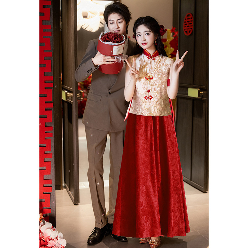 新中式粉色孕妇旗袍敬酒服套装新娘订婚礼服裙大码胖mm高腰遮肚子|undefined