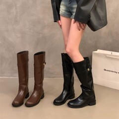 粗跟棕色美拉德长筒长靴女鞋2025新款秋冬季黑色机车中筒骑士靴子