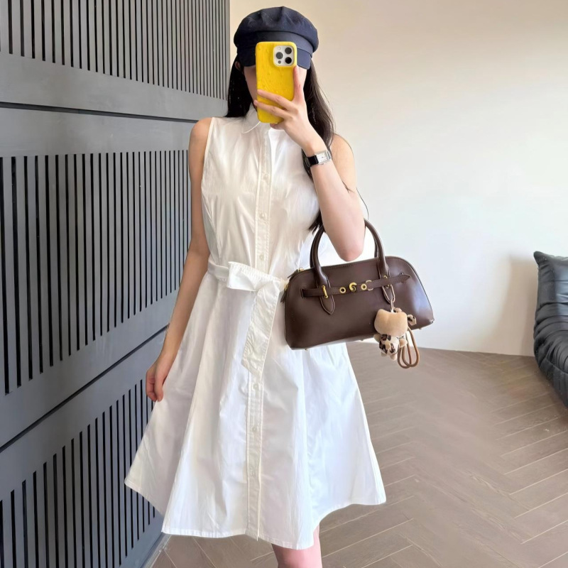 R~Summer Lunch Break Women's Dress Oxford Cloth Belt Waist-Cinching Shirt A-Line Skirt Lapel Collar Women's Clothing New Summer Style