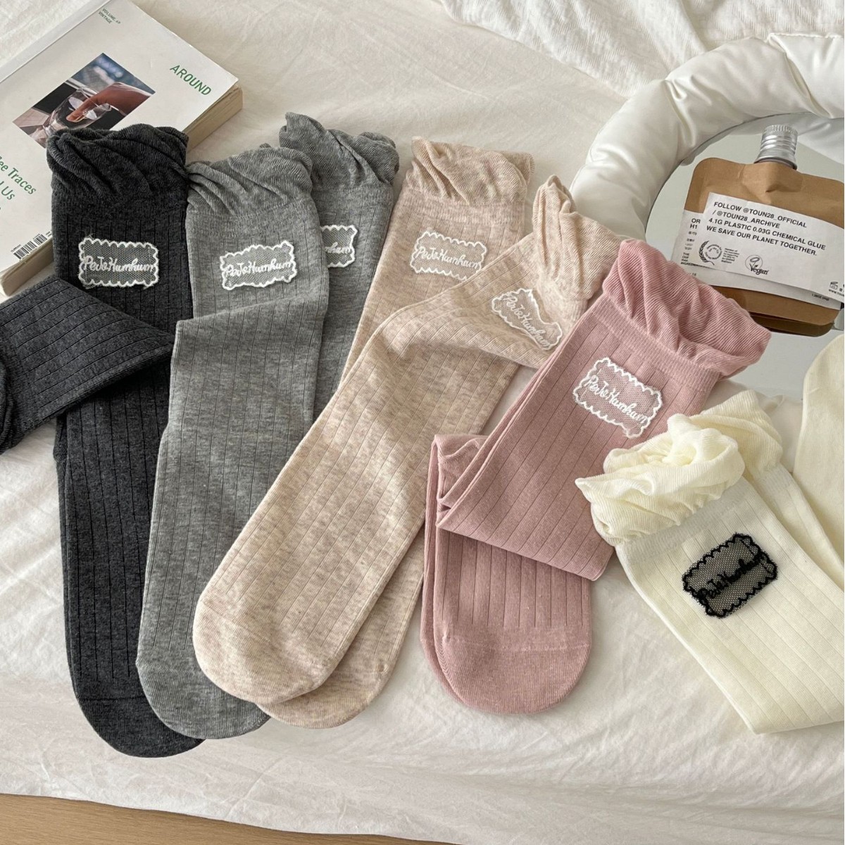 韓系純色花邊泡泡口布標堆堆襪女洋氣小腿襪ins潮襪春夏少女搭配