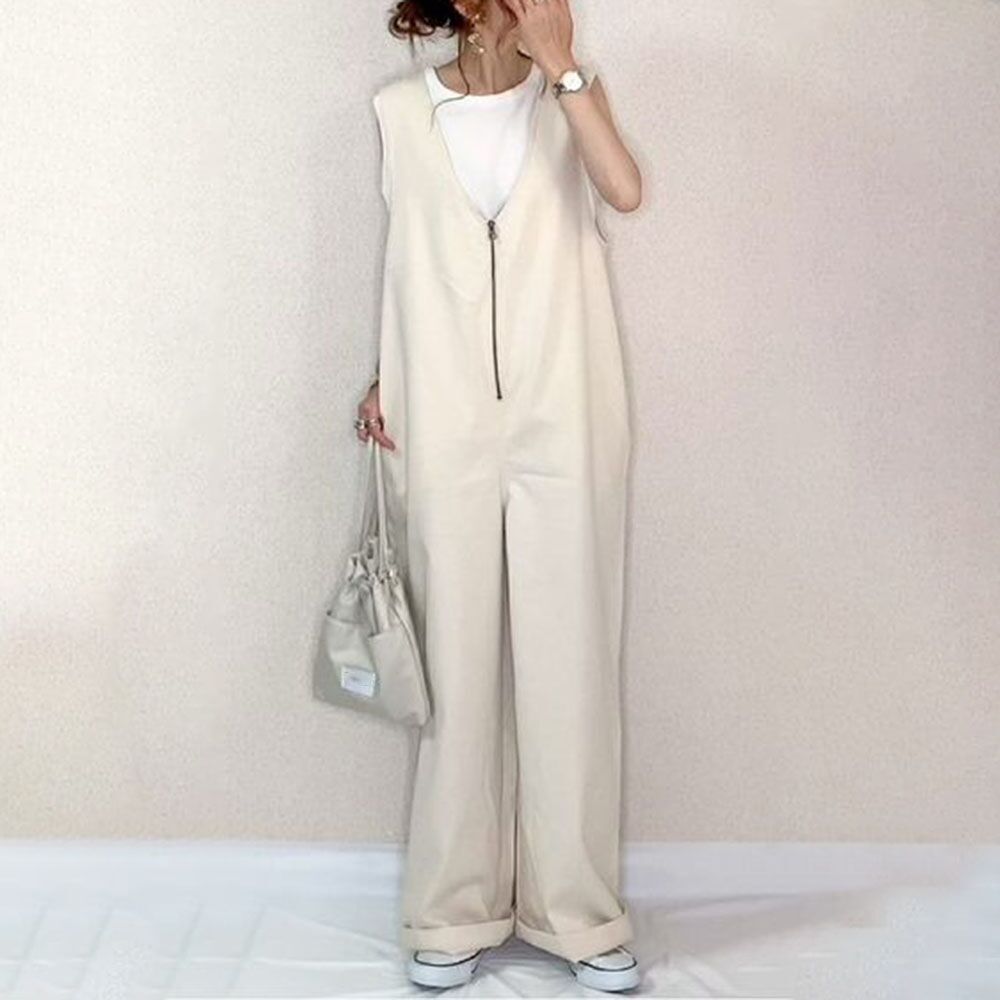 En stock 3 colores estilo japonés 2023 verano nuevo color sólido cremallera correa de una pieza ancha pantalones de pierna delgada drapeado mono